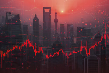 An economic chart depicting a decline against the backdrop of a Chinese megacity. Concept of slowing down the Chinese economy. Recession. Generative AI. - obrazy, fototapety, plakaty