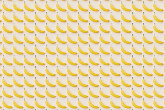 Many bananas on bisque background. Top flat view, horizontal. 3d render, illustration