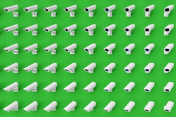 Many cctv on green background. Top flat view, cameras looking left. 3d render, illustration