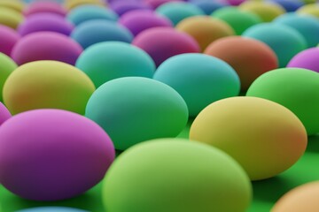 Many colorful eggs on green background. Closeup view, macro shot, selective focusmacro shot. 3d render, illustration
