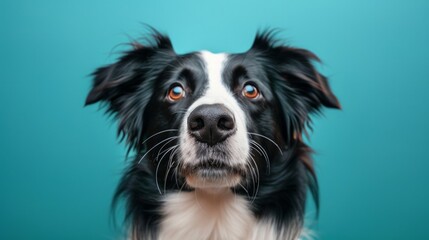 portrait of a black and white border collie dog in front of white background
