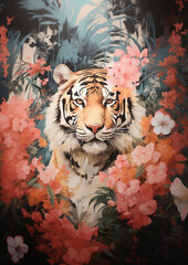 Acrylic Painting of Tiger In Flowers
