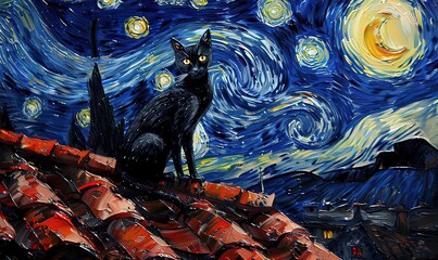 Ai gatto che miagola alla luna dipinto 04 - obrazy, fototapety, plakaty