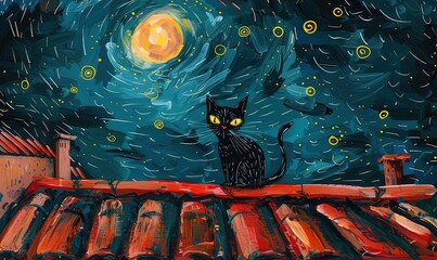 Ai gatto che miagola alla luna dipinto 03 - obrazy, fototapety, plakaty