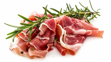 Isolated on white background is sliced raw ham leg or Italian prosciutto crudo with rosemary. - obrazy, fototapety, plakaty