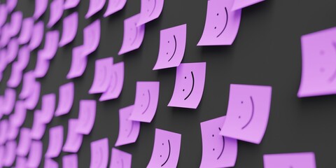 Many violet stickers on black board background with happy smile symbol drawn on them. Closeup view...