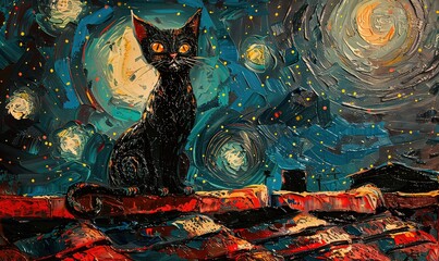 Ai gatto che miagola alla luna dipinto 02 - obrazy, fototapety, plakaty