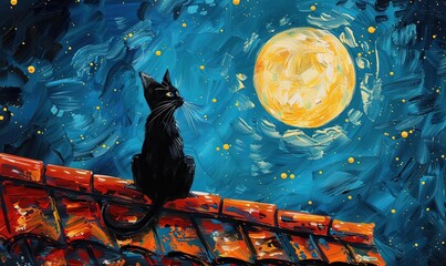 Ai gatto che miagola alla luna dipinto 01 - obrazy, fototapety, plakaty
