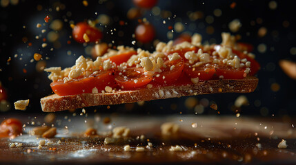 Dynamic Bruschetta Toast with Flying Toppings and Moody Lighting
