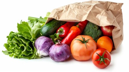 Vegetables and fruits on a white background in a paper bag. Vegetarian food.