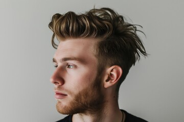 Fototapeta premium Close-up of a modern quiff hairstyle on a man with a light gray background, showcasing hair styling details
