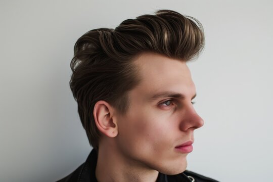 Close-up detail photo of a modern quiff hairstyle on a young model against a neutral background