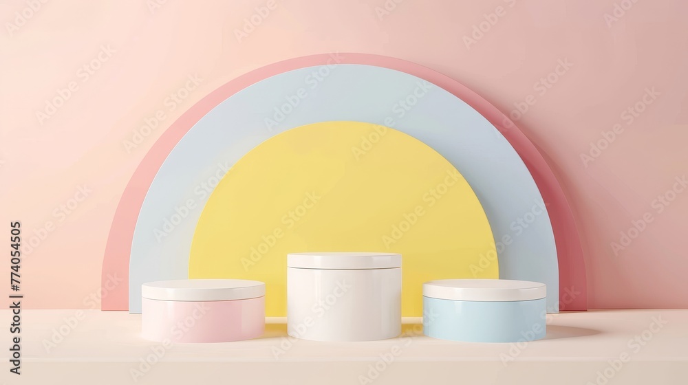 Poster 3d cylinder podium set with pastel yellow, blue, and pink backdrop. abstract modern rendering geomet