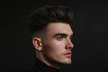 Fototapeta premium Side view of a young man showcasing a modern quiff hairstyle against a black background