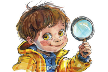 A drawing of a smiling boy holding a magnifying glass. Concept of children exploring the world. Generative AI.