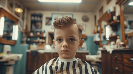 Portrait of a cute little boy sitting in a barbershop