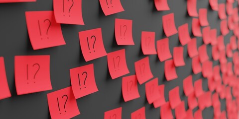Many red stickers on black board background with exclamation and question mark symbol drawn on them. Closeup view with narrow depth of field and selective focus. 3d render, Illustration