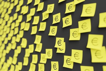 Many yellow stickers on black board background with symbol of  euro drawn on them. Closeup view with narrow depth of field and selective focus. 3d render, illustration