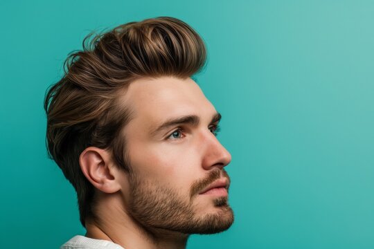 Close-up of a young man's trendy quiff hairstyle, side view against a vibrant teal backdrop