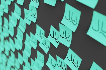 Many teal stickers on black board background with symbol of Oman rial drawn on them. Closeup view with narrow depth of field and selective focus. 3d render, illustration
