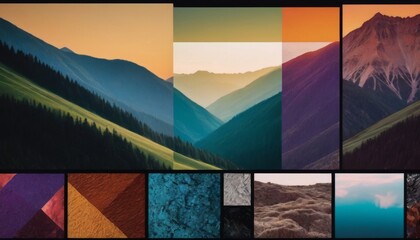 This image presents a mosaic of mountain landscapes with a geometric design overlay. The interplay of natural beauty and artistic manipulation evokes a modern aesthetic. AI generation