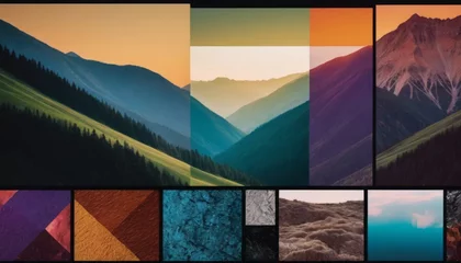 Zelfklevend Fotobehang This image presents a mosaic of mountain landscapes with a geometric design overlay. The interplay of natural beauty and artistic manipulation evokes a modern aesthetic. AI generation © Anastasiia