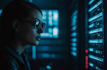 Cyberpunk crime involves a person coding software in a dark server room.