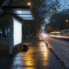 A white blank billboard at the bus stop, city street, evening, rain, cars passing by, photorealistic landscapes, cinematic atmosphere, atmospheric perspective