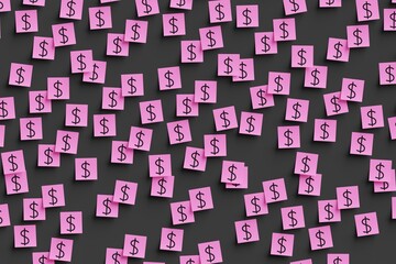 Many pink stickers on black board background with symbol of Suriname dollar drawn on them. Flat view. 3d render, illustration