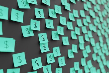 Many teal stickers on black board background with symbol of Tuvalu dollar drawn on them. Closeup view with narrow depth of field and selective focus. 3d render, illustration