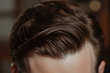 Obraz premium Detailed photograph showcasing a modern side part hairstyle on a man with a clean and neat finish