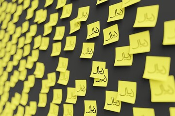 Many yellow stickers on black board background with symbol of Yemen rial drawn on them. Closeup view with narrow depth of field and selective focus. 3d render, illustration