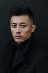Obraz premium Detailed portrait of a man showcasing a sleek undercut hairstyle and fashionable black coat