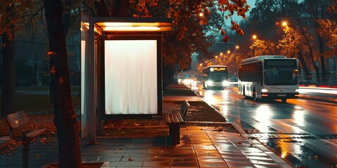 A white blank billboard at the bus stop, city street, evening, rain, cars passing by,...