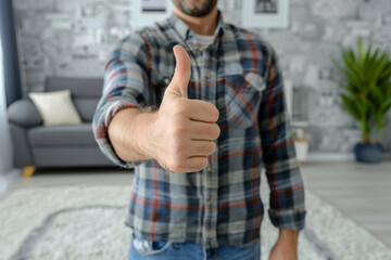 Casual Man Giving Thumbs Up in Modern Living Room Interior
