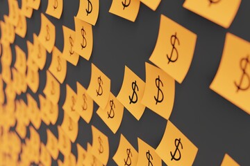 Many orange stickers on black board background with symbol of Barbados dollar drawn on them. Closeup view with narrow depth of field and selective focus. 3d render, illustration