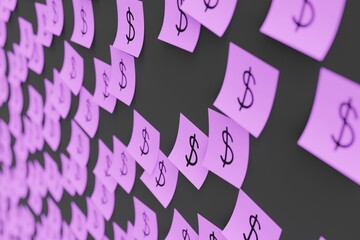 Many violet stickers on black board background with symbol of Barbados dollar drawn on them. Closeup view with narrow depth of field and selective focus. 3d render, illustration