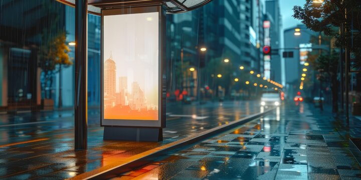 A white blank billboard at the bus stop, city street, evening, rain, cars passing by, photorealistic landscapes, cinematic atmosphere, atmospheric perspective