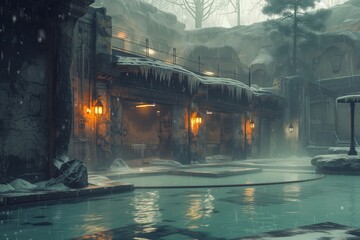 Large outdoor pool, in the sauna complex, with dim lighting - obrazy, fototapety, plakaty
