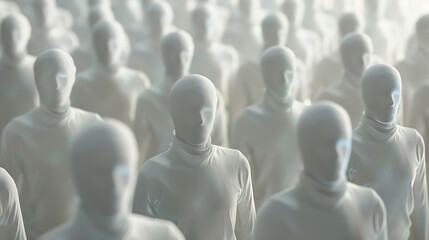 A group of white mannequins are arranged in a row, with their heads turned to the right.