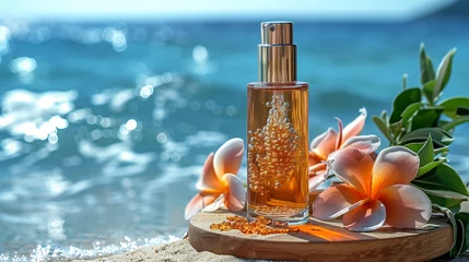 Zelfklevend Fotobehang Perfume bottle on wooden stand with plumeria flowers by the sea. © amixstudio