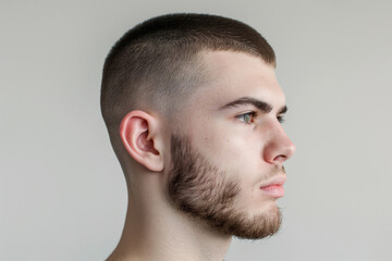 Obraz premium Close-up side view of a young man sporting a stylish textured crop haircut against a neutral background