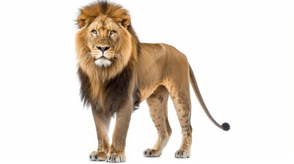 The lioness, Panthera leo, is 8 years old and stands behind a white background