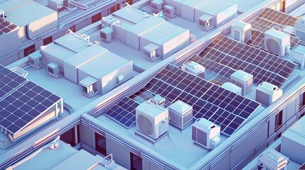 A busy urban rooftop, transformed into a mini solar power station, with panels installed amidst HVAC systems, highlighting the push for renewable energy sources in city landscapes. - obrazy, fototapety, plakaty