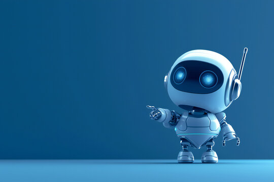 Positive cute robot pointing at a space. Copy space