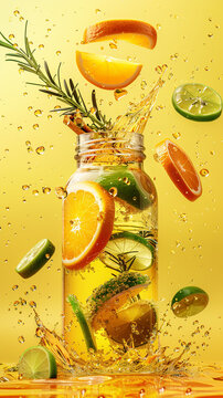 A glass bottle filled with a colorful drink made from oranges, limes, and pineapple. The drink is splashing out of the bottle, creating a fun and playful atmosphere