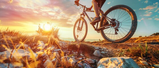 A cyclist rides a mountain bike on a rocky trail at sunrise from a low angle. - obrazy, fototapety, plakaty