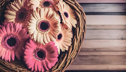 Overhead view of a wicker basket with fresh pink and cream gerberas on a wooden table. Romantic and desaturated style. Copy space. - Powered by Adobe
