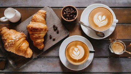 Zenith view of a wooden table with two cappuccinos , two croissant , milk and sugar.