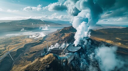 A panoramic shot of a geothermal power plant nestled in a geologically active region, steam rising from the earth as it's harnessed for clean energy, illustrating the diversity of renewable energy sou